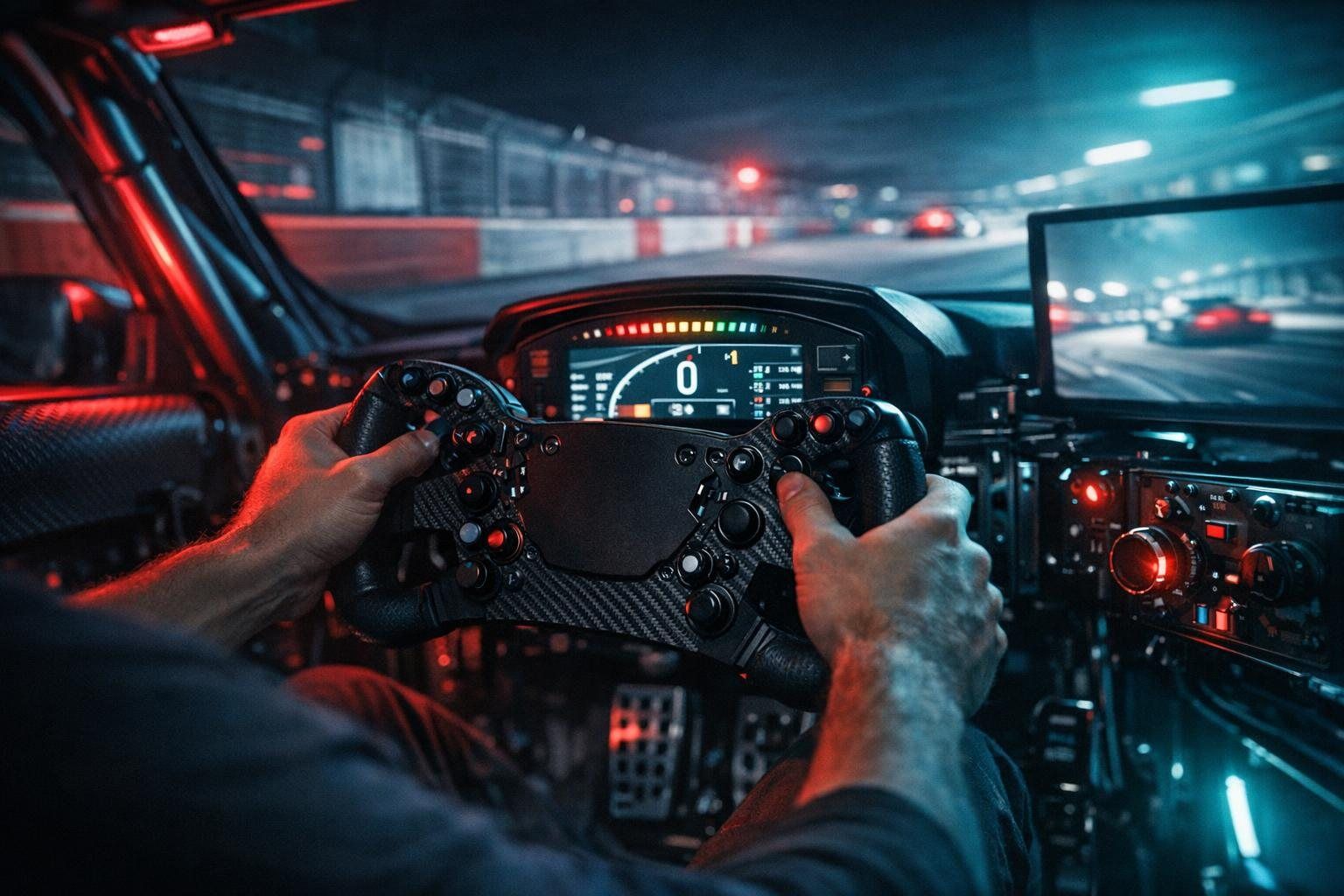Cockpit sim racing en ambiance nocturne