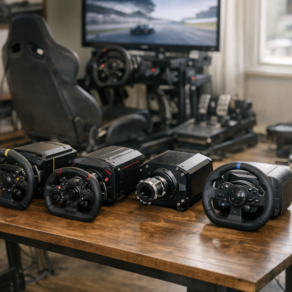 Quatre repères récents : Moza R21, Thrustmaster T598, Fanatec, Logitech G RS50