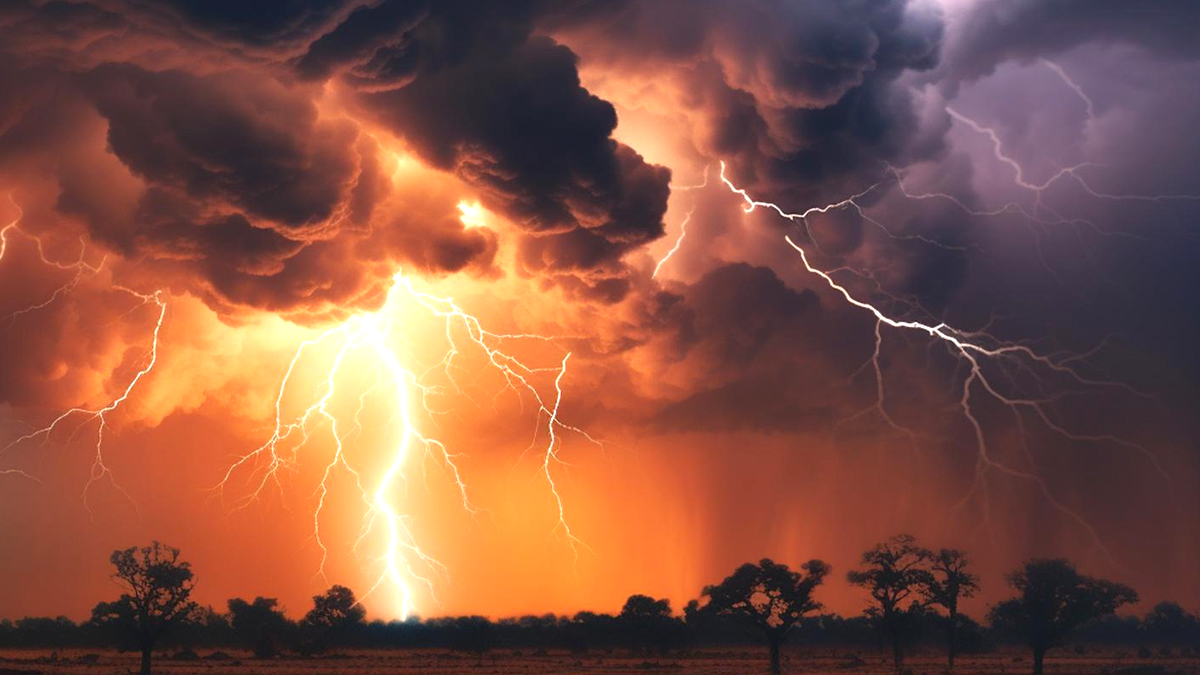 Carte météorologique montrant cinq départements du sud et de l'est de la France surlignés en jaune, avec symboles d'orages et d'inondations sur la Méditerranée et les Pyrénées
