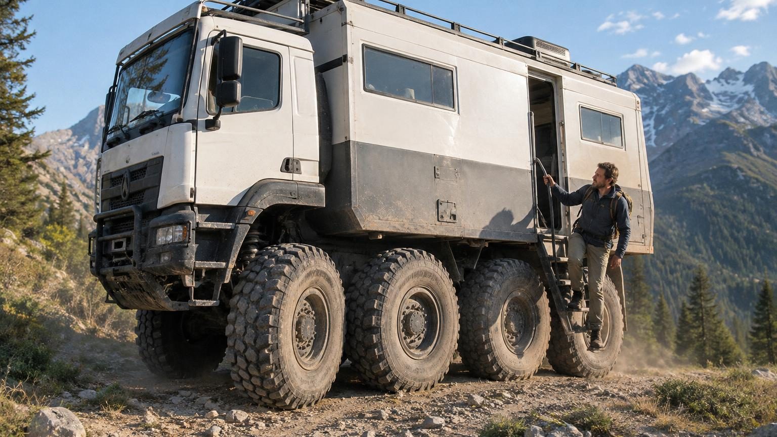 11 mètres, 6 roues motrices, 440 ch et 1 million d'euros : nous sommes montés à bord du camping-car tout-terrain français le plus extrême