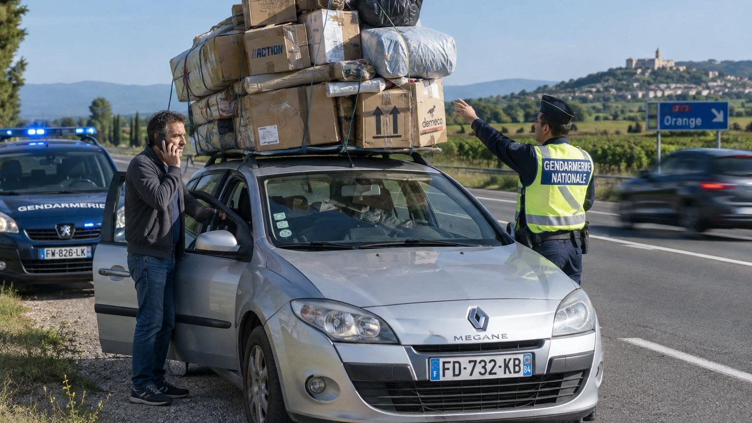 950 kg de colis sur le toit de sa Renault Mégane, près de 12 fois la limite : intercepté sur l'A7 près d'Orange, le conducteur doit appeler des renforts pour décharger