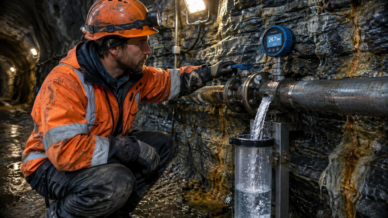 Galerie de mine souterraine aux parois grises et lisses striées de veines sombres, avec une goutte d'eau s'échappant d'une fissure rocheuse, symbolisant la circulation invisible et la respiration de la roche à 2 500 mètres de profondeur.
