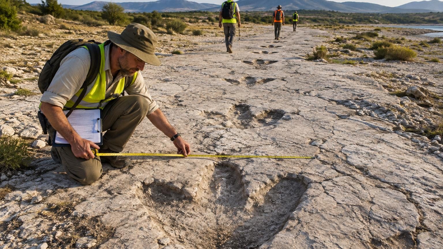 À 200 km de Lyon, des chercheurs suivent pas à pas une piste fossile : ils ont retrouvé la marche d'un géant de 35 tonnes au bord d'une mer disparue