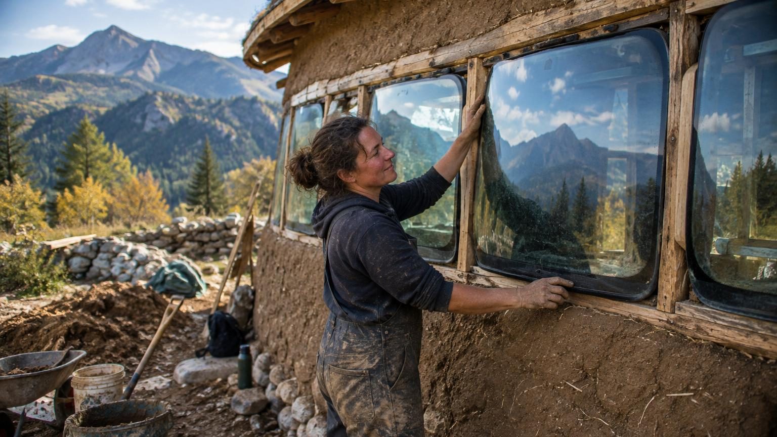 À 38 ans, elle quitte la ville pour les montagnes et bâtit sa maison en terre : ses fenêtres sont 12 pare-brises récupérés