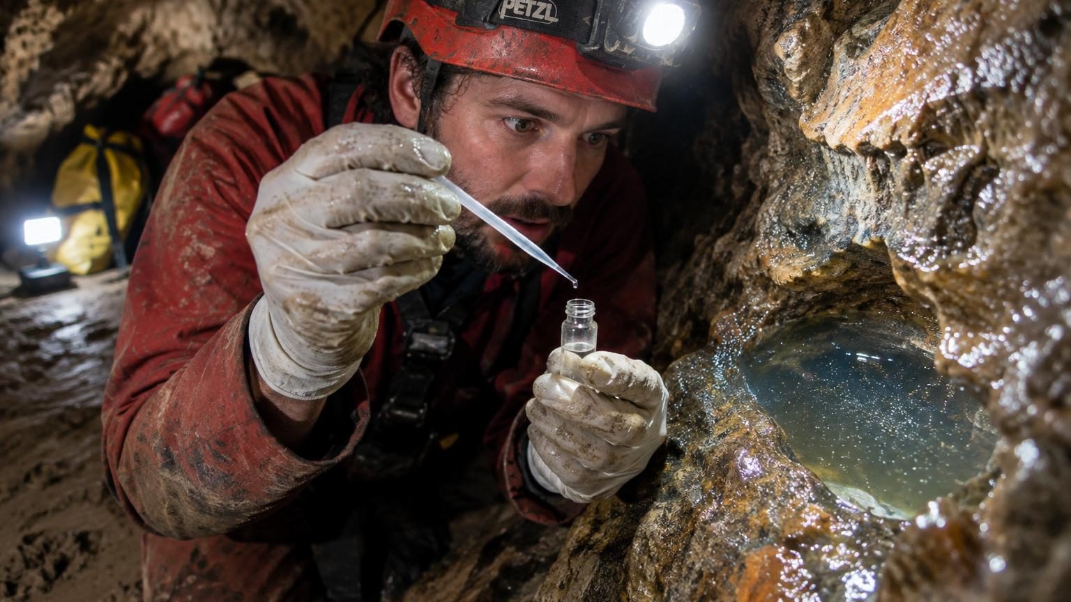 Un géologue en équipement de protection descend dans une galerie de mine profonde, éclairée par sa lampe, face à une fissure brillante dans la roche contenant une minuscule poche d'eau.