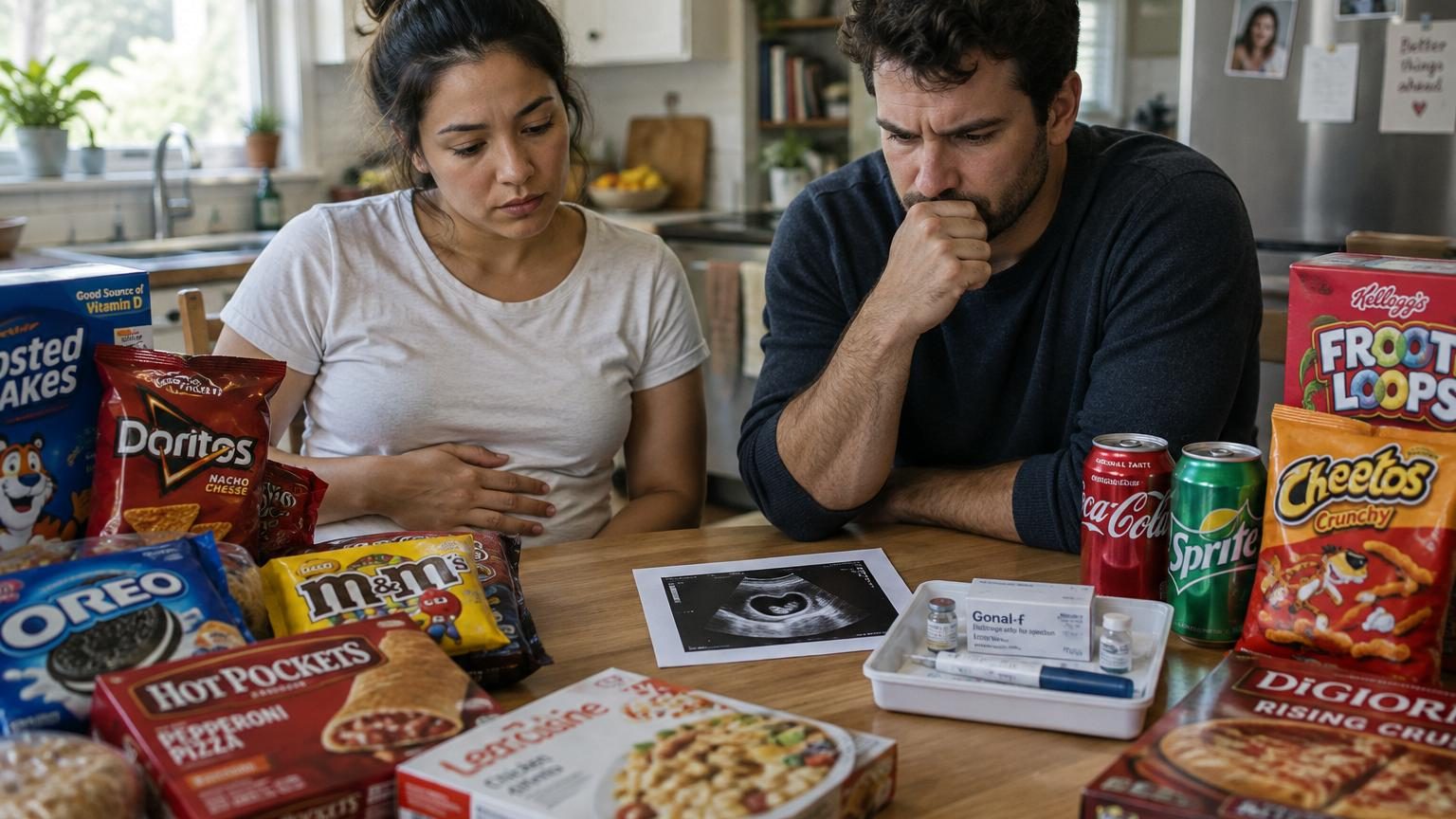 Assiette avec des aliments ultra transformés contrastant avec des fruits et légumes frais, illustrant l'impact nutritionnel sur la fertilité