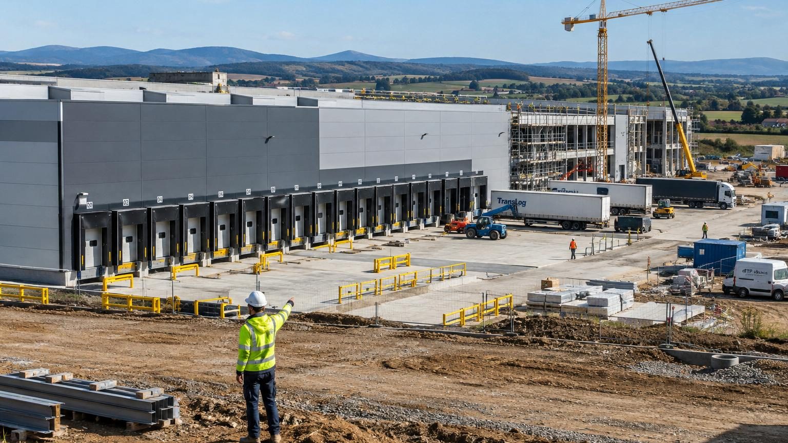 Illustration d'un immense entrepôt logistique moderne d'Amazon à Ensisheim en Alsace, avec des façades de bâtiment gris, des camions de livraison et des représentations de technologies robotiques