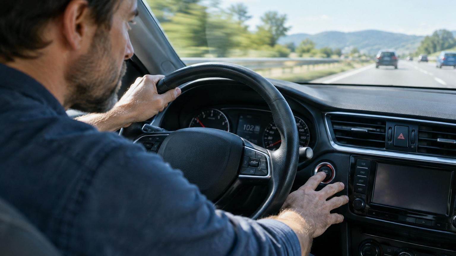 Gros plan sur la main d'un conducteur appuyant sur le bouton noir Start/Stop d'une console automobile moderne