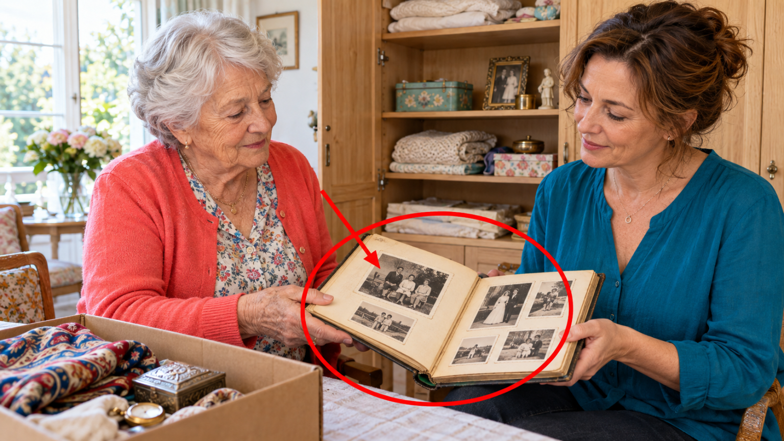 Personne âgée remettant avec affection un objet ancien à un membre de sa famille, symbolisant la transmission des souvenirs.