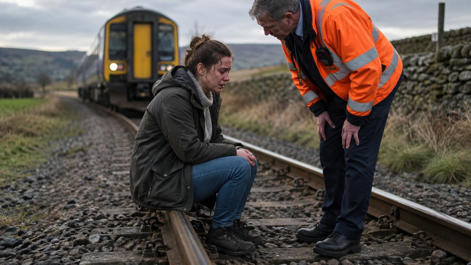Assise sur les rails, elle est sauvée par le conducteur du train qui descend lui parler : des années plus tard, il devient son mari