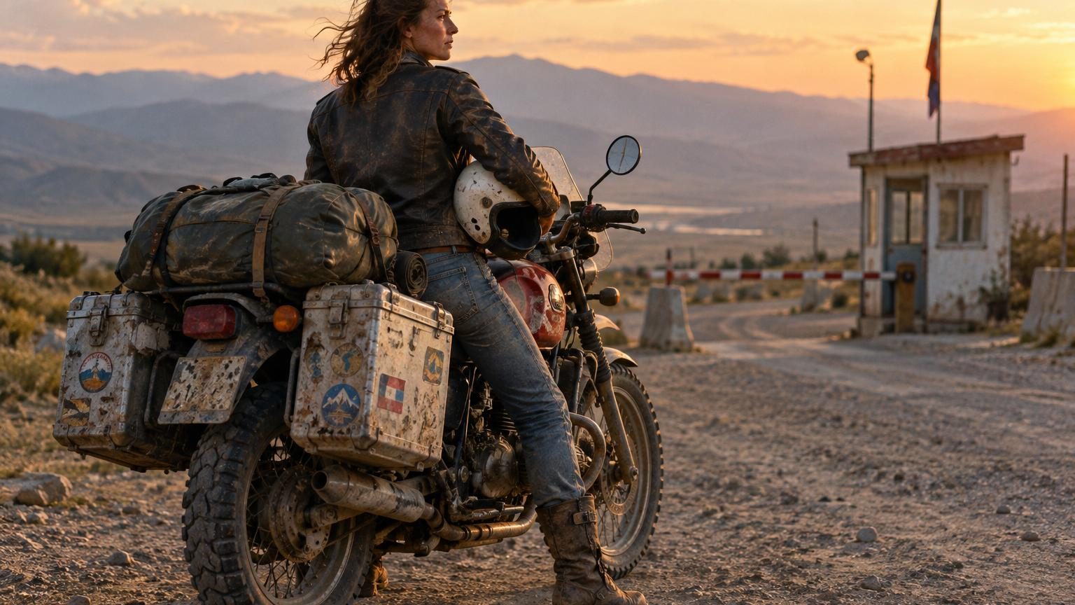 Femme motarde en équipement complet et casque fermé sur une moto de voyage BMW, traversant une route de montagne en paysage désertique ou tropical durant les années 1980.
