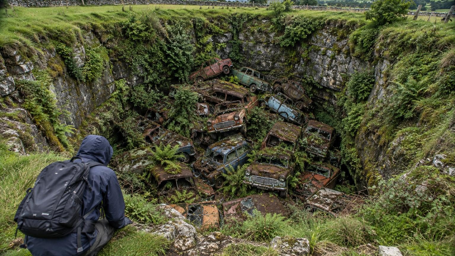 Au fond de ce gouffre gallois de 30 mètres, des centaines de voitures abandonnées depuis les années 1960 continuent de rouiller