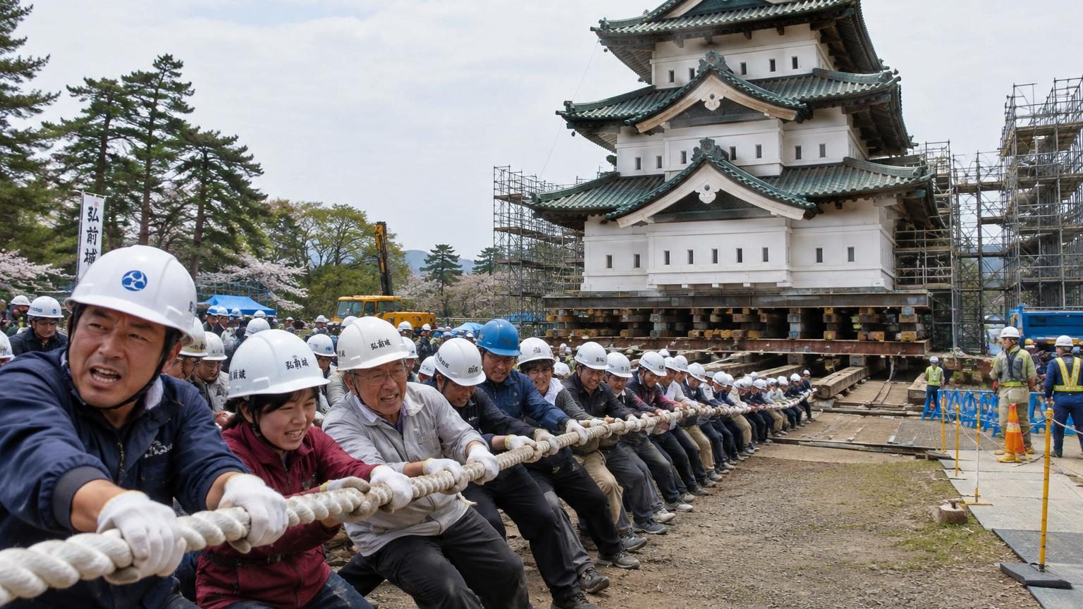 Au Japon, 1 800 personnes déplacent à la main la tour d'un château : la technique ancestrale du hikiya