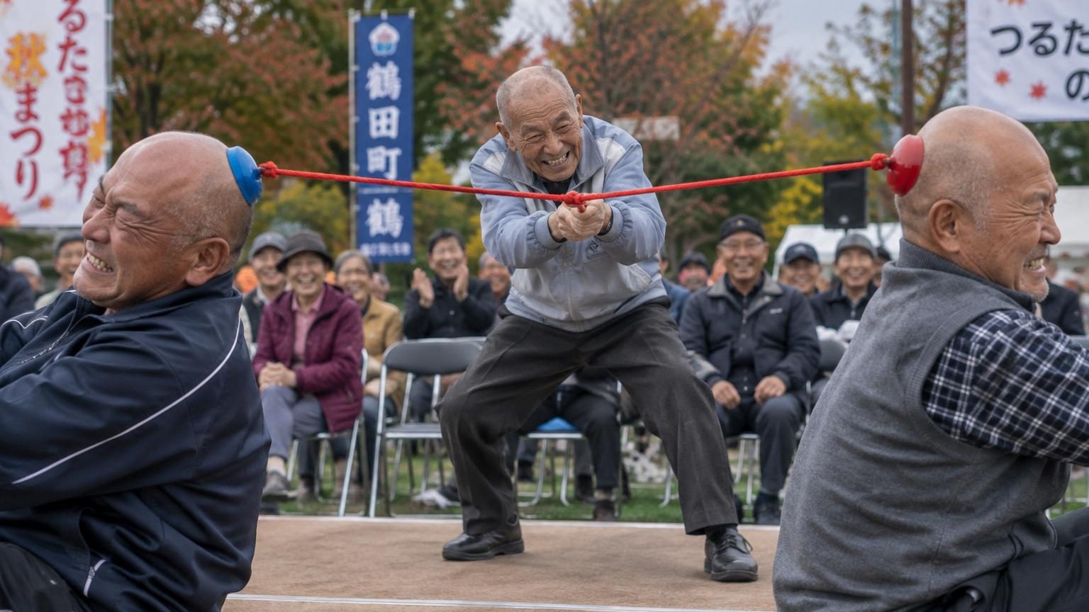 Au Japon, des chauves s'affrontent dans un tir à la corde fixé sur leur crâne : c'est un homme de 91 ans qui l'emporte