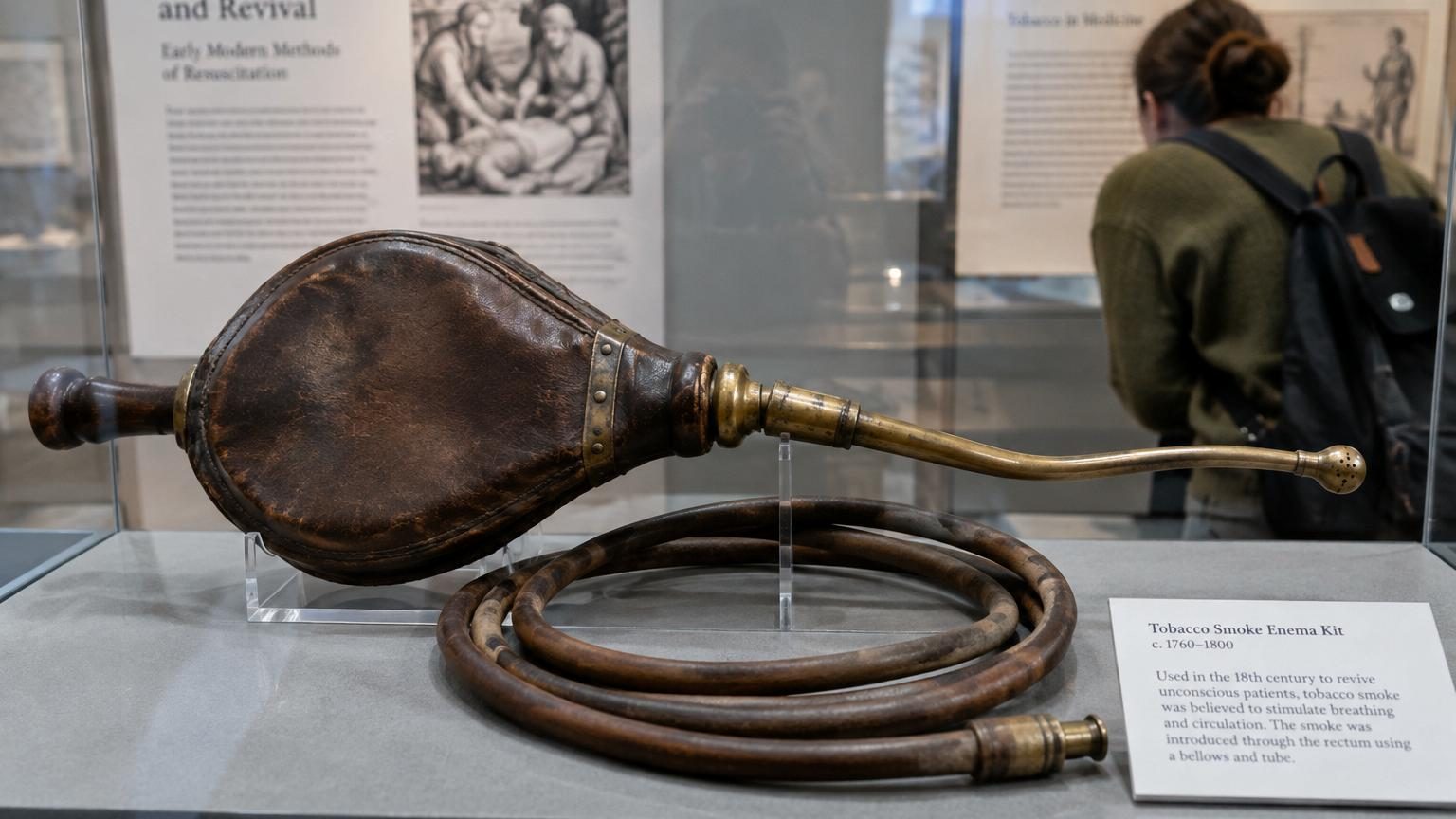 Illustration historique montrant un médecin du XVIIIe siècle effectuant un lavement de tabac sur un noyé inconscient à l'aide d'un tube et d'un soufflet, scène surréaliste représentative des pratiques médicales anciennes.