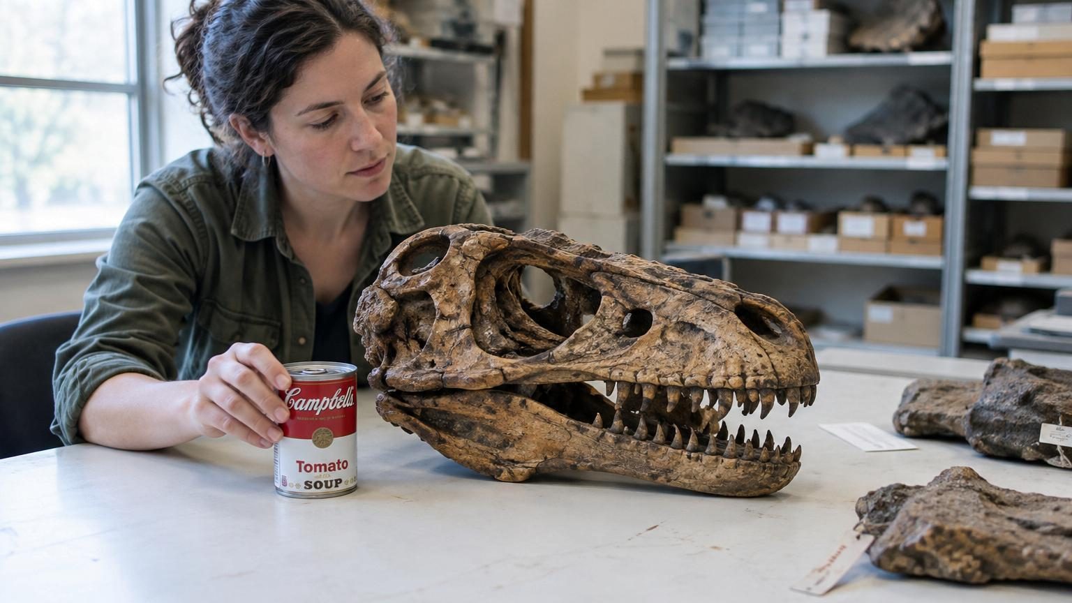 Illustration comparative montrant un dinosaure adulte de 400 grammes à côté d'une canette de soupe, avec en arrière-plan des mammifères minuscules et des oiseaux modernes pour représenter l'évolution des tailles corporelles.
