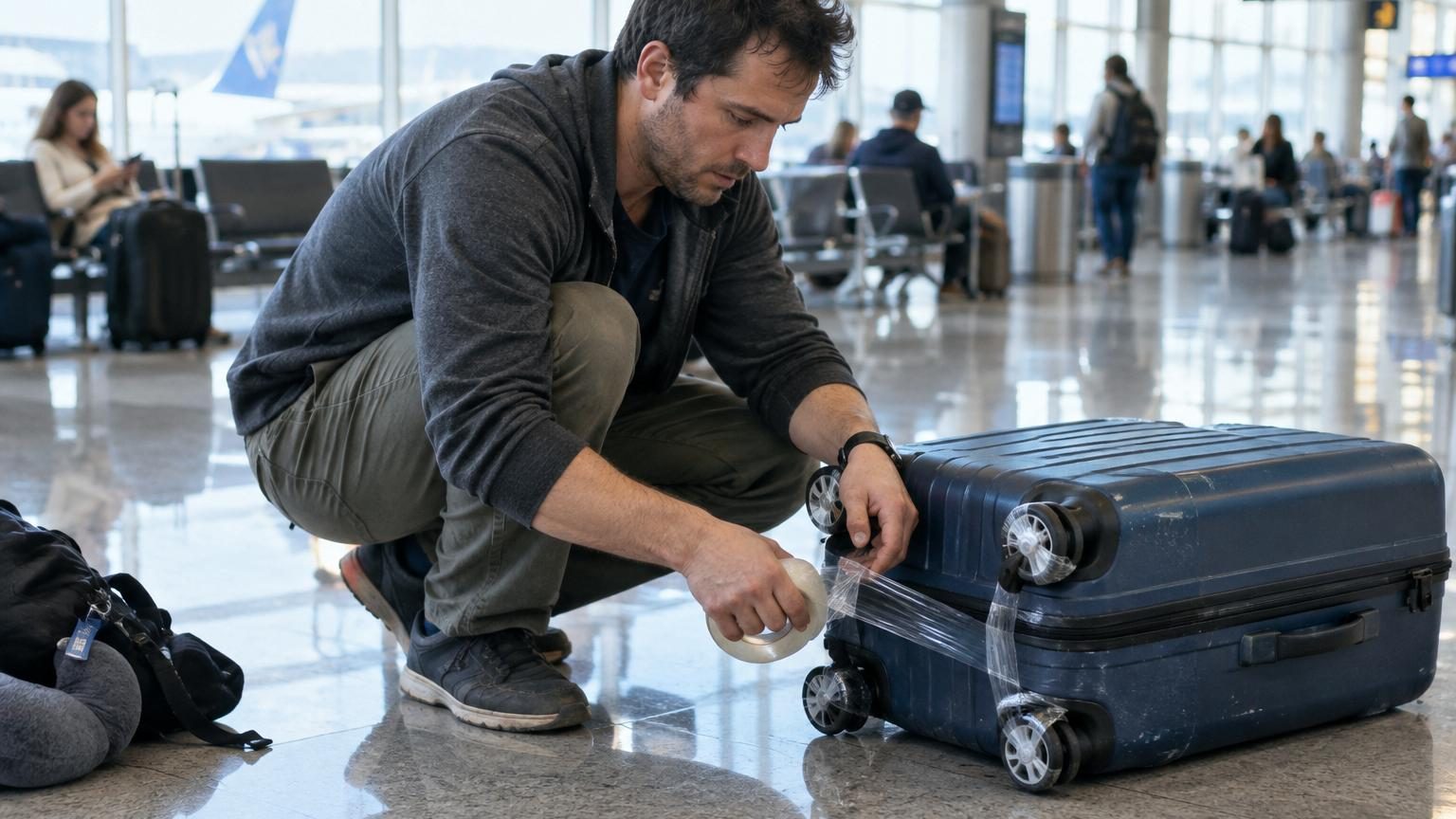Avant chaque vol, il recouvre les quatre roulettes de sa valise de ruban adhésif : à l'arrivée, la technique fait toute la différence