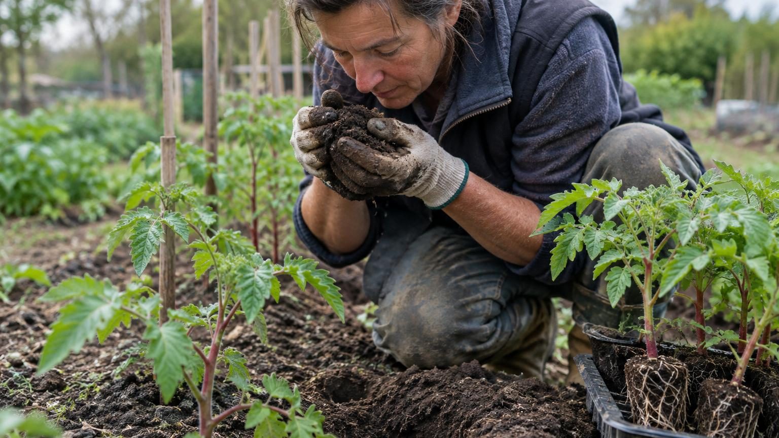 Jeunes plants de tomates dans des godets exposés progressivement à l'air libre, sous un petit châssis ou abri transparent, pour leur endurcissement printanier.