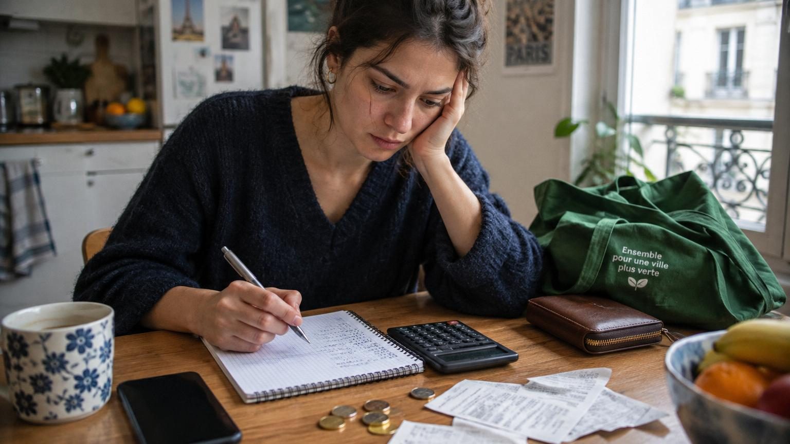 Calculatrice ou diagramme illustrant le calcul du reste à vivre mensuel : revenus moins charges fixes, divisé par 30 pour la limite quotidienne.