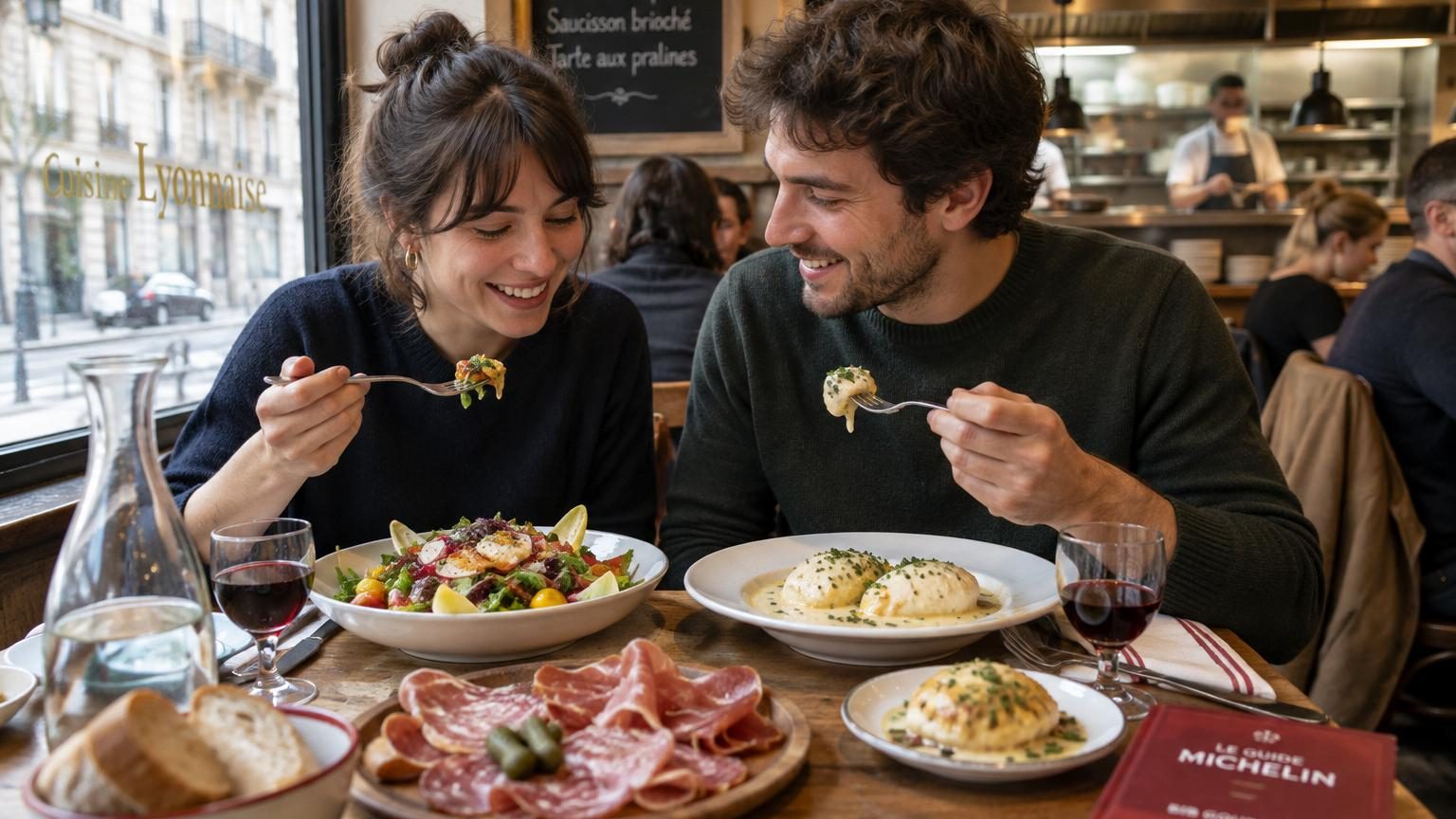 Table en bois chaleureuse d'un restaurant lyonnais avec couverts, verre de vin et assiette gastronomique généreuse, évoquant l'atmosphère accueillante des restaurants Bib Gourmand.