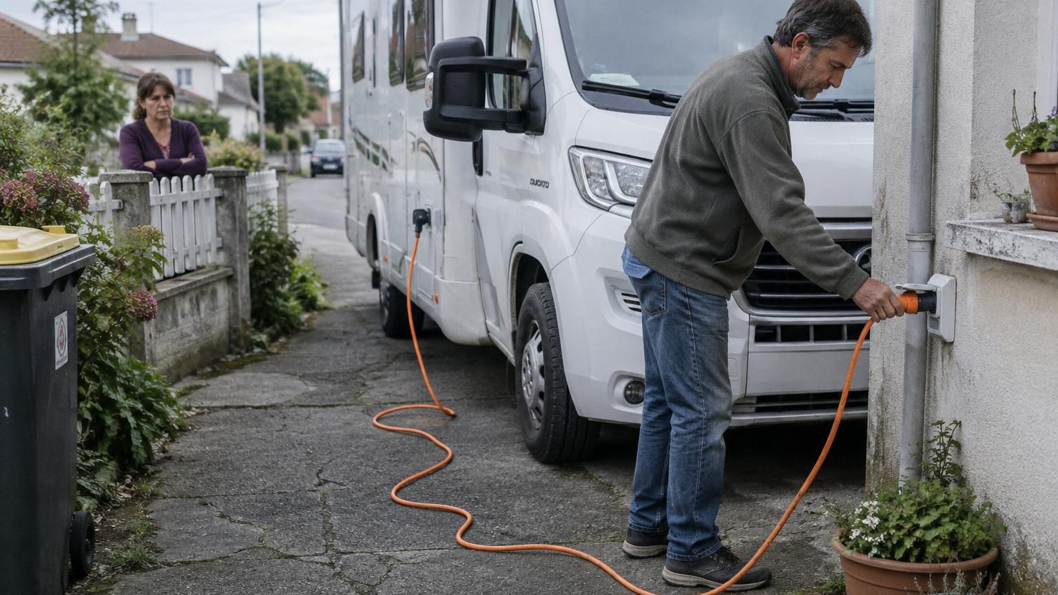 Bruno raccorde son camping-car à l'électricité de la maison pour un locataire, un voisin signale la pratique