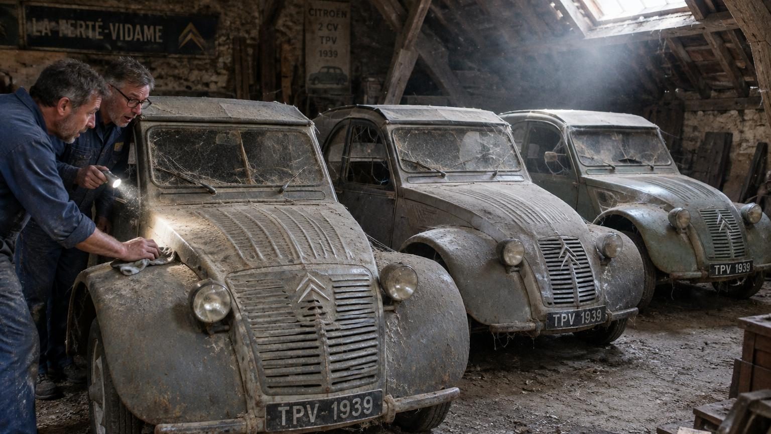 Cachées dans un grenier en 1939 pour échapper aux Allemands, ces trois 2CV n'ont été retrouvées que 55 ans plus tard