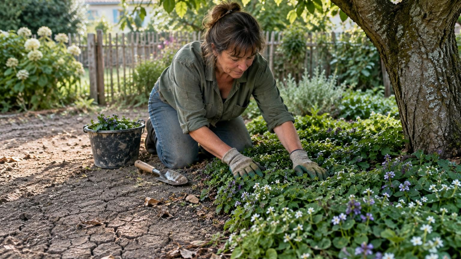 Jeunes plants d'épimédium aux feuillages délicats plantés en tapis sous les racines apparentes d'un vieux pin, avec des touffes d'alchémille vert anis qui égayent l'ensemble.