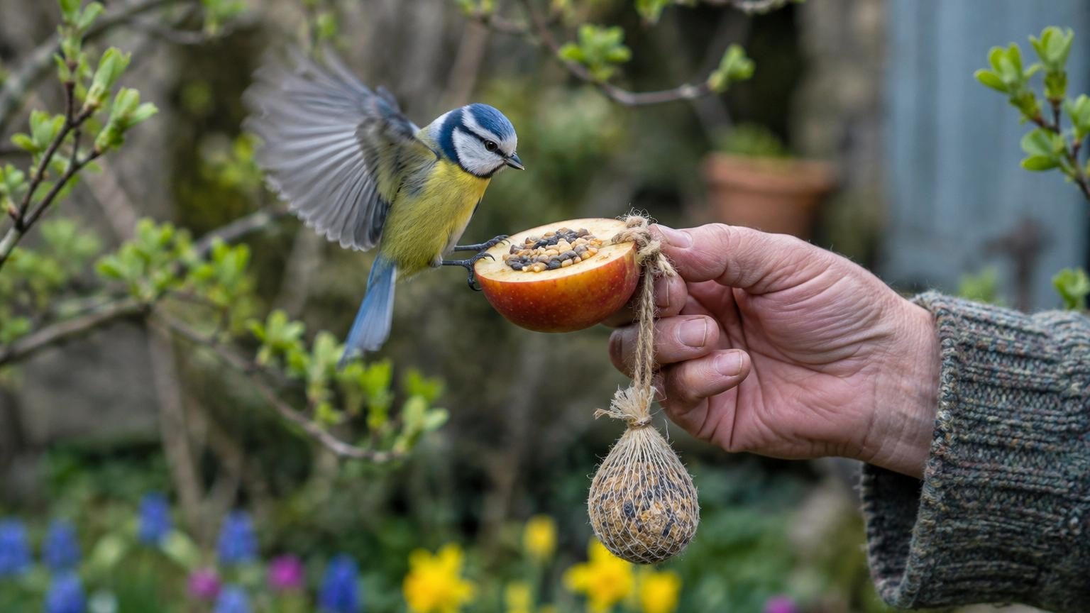Mésange bleue perchée sur une branche fleurie au printemps, entourée de végétation dense et variée, illustrant un habitat naturel idéal.
