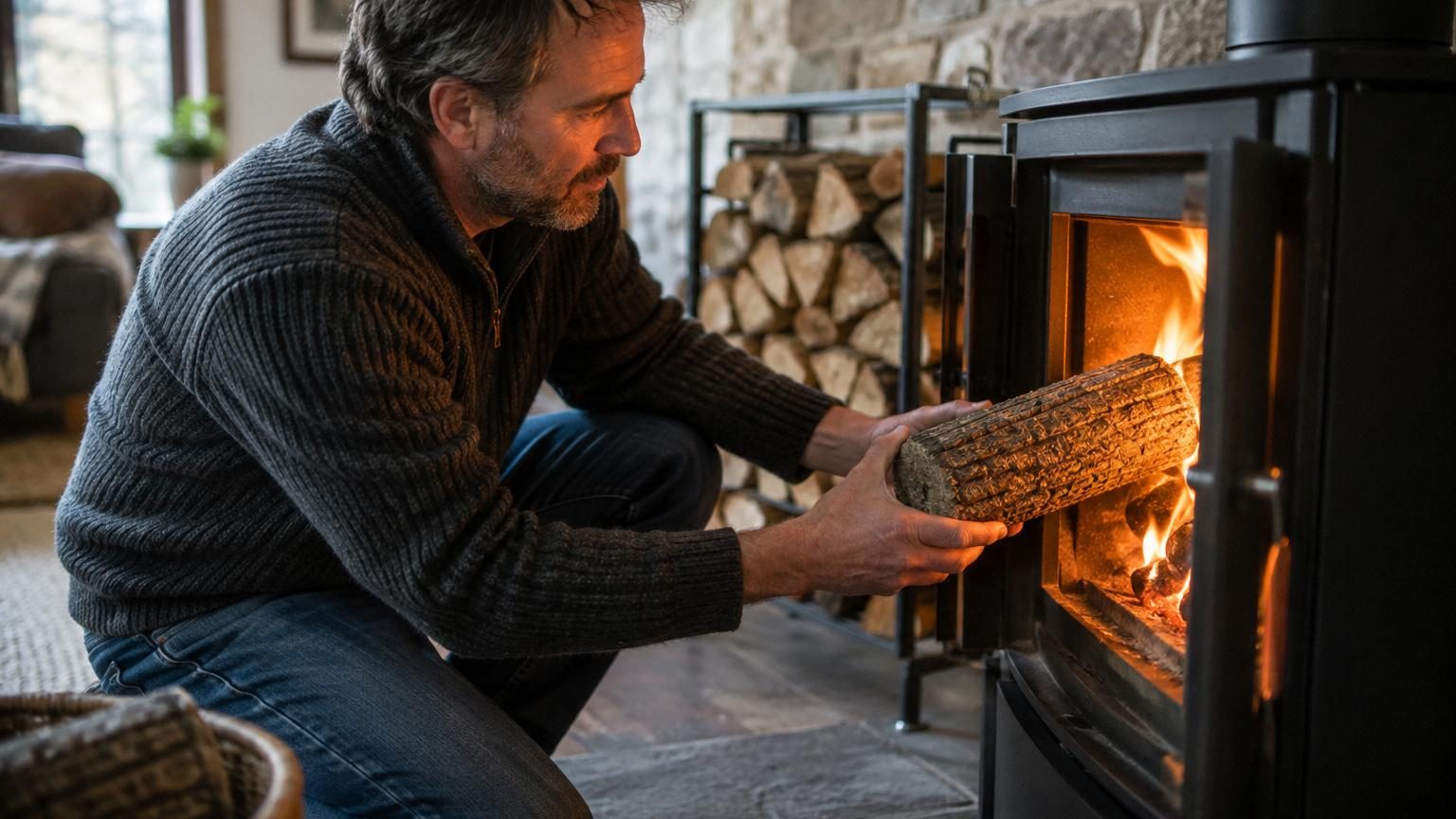 Bûches cylindriques densifiées compressées empilées, contrastant avec des bûches en bois classique, symbolisant leur efficacité énergétique supérieure