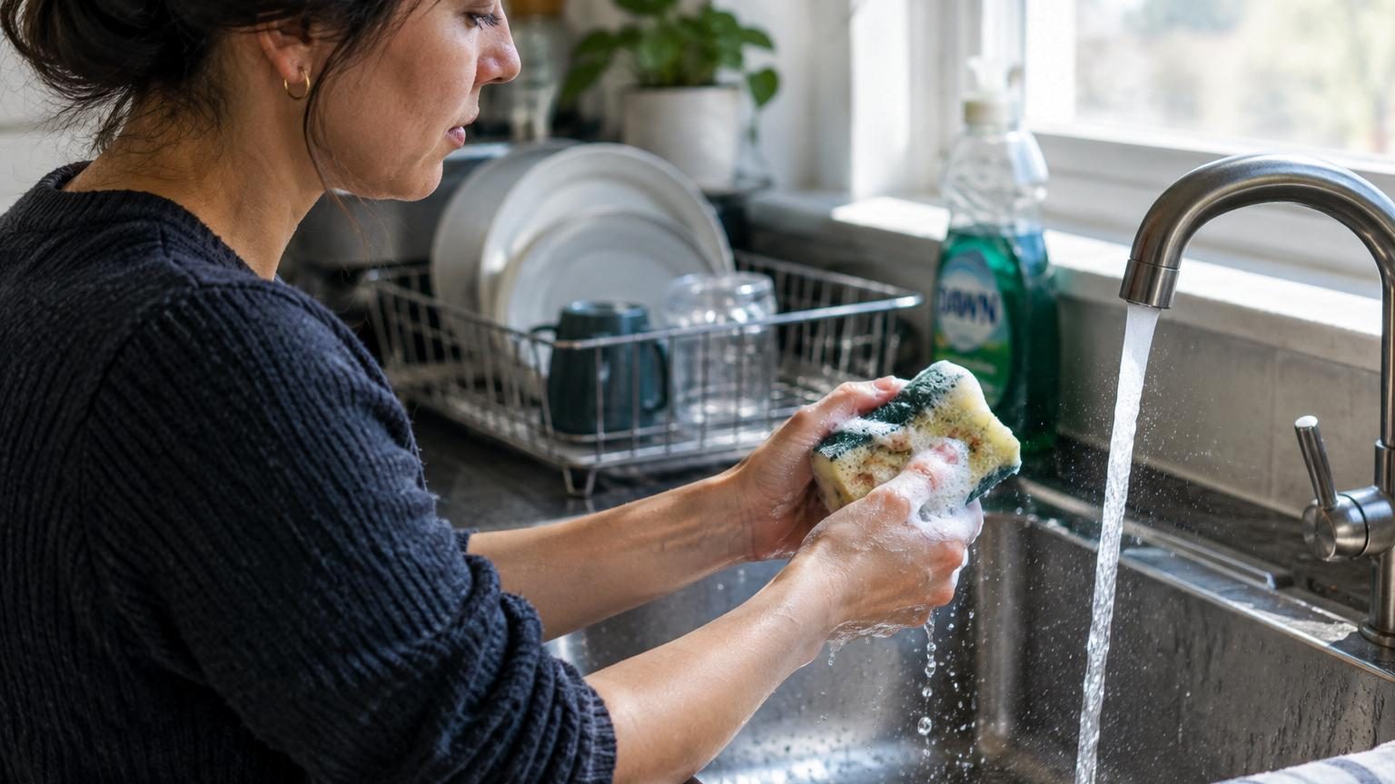 Vue rapprochée d'une éponge de cuisine jaune vif saturée d'eau avec des pores visibles, représentant un réservoir de bactéries en multiplications dans une cuisine