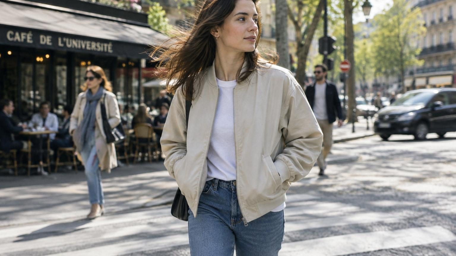Blouson court Uniqlo de couleur marron porté ouvert sur une tenue de printemps composée d'un jean brut et d'une chemise claire.