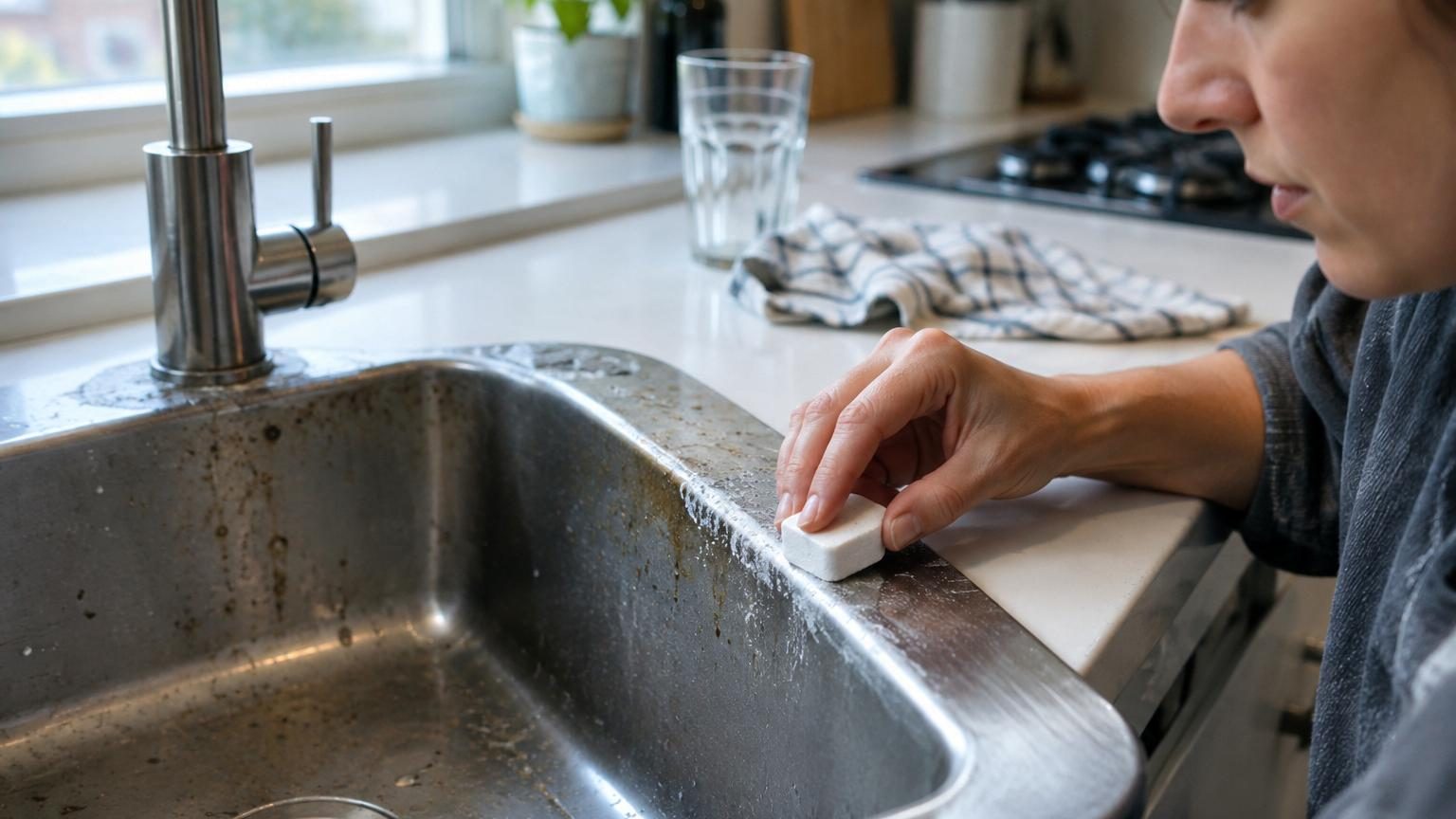 Pastille de lave-vaisselle dissoute dans de l'eau chaude avec une éponge et un chiffon, prête pour nettoyer différentes surfaces d'une maison.