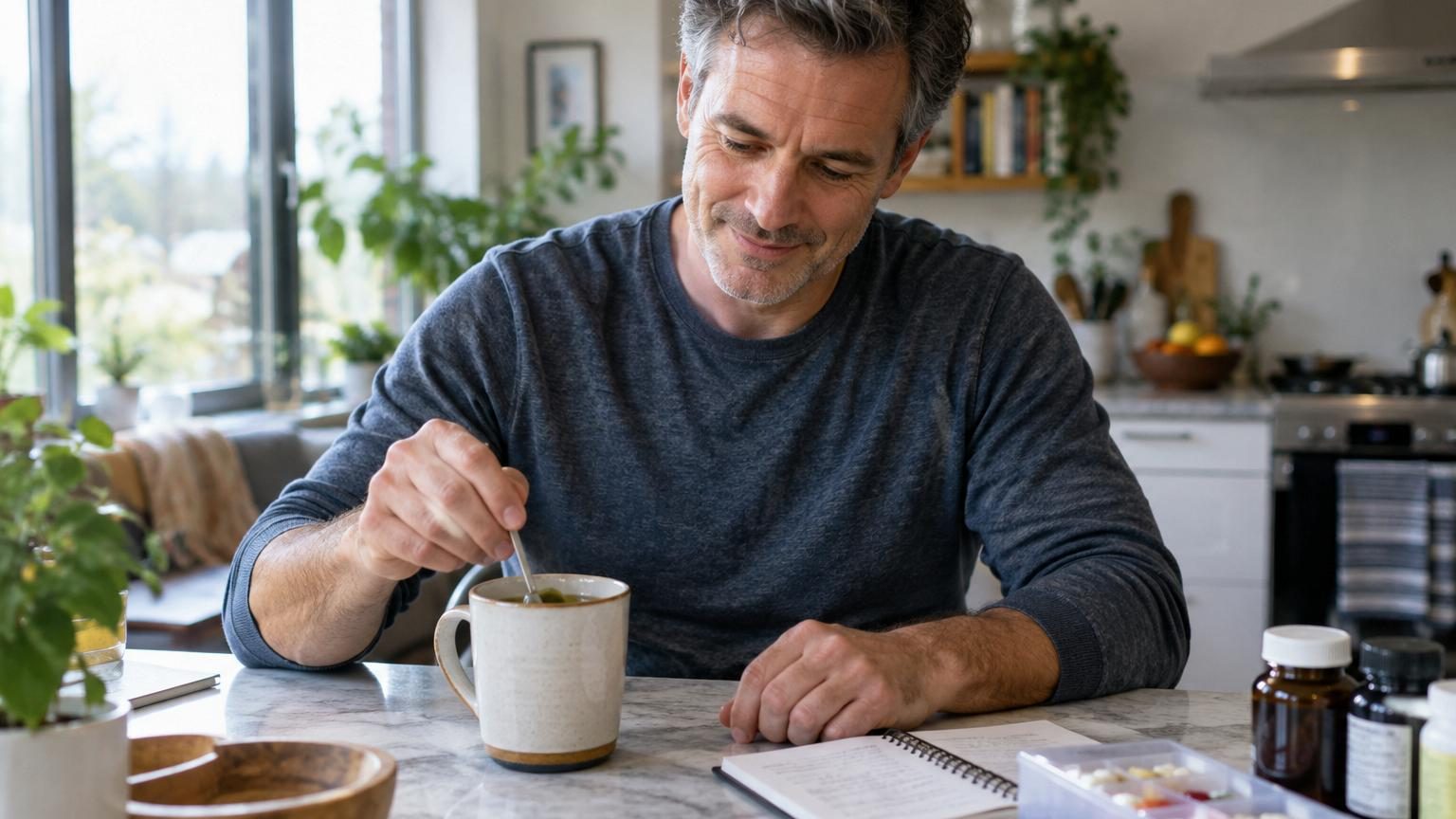 Portrait d'un scientifique américain spécialiste de la longévité tenant une salade saine, illustrant son approche modérée d'alimentation méditerranéenne.