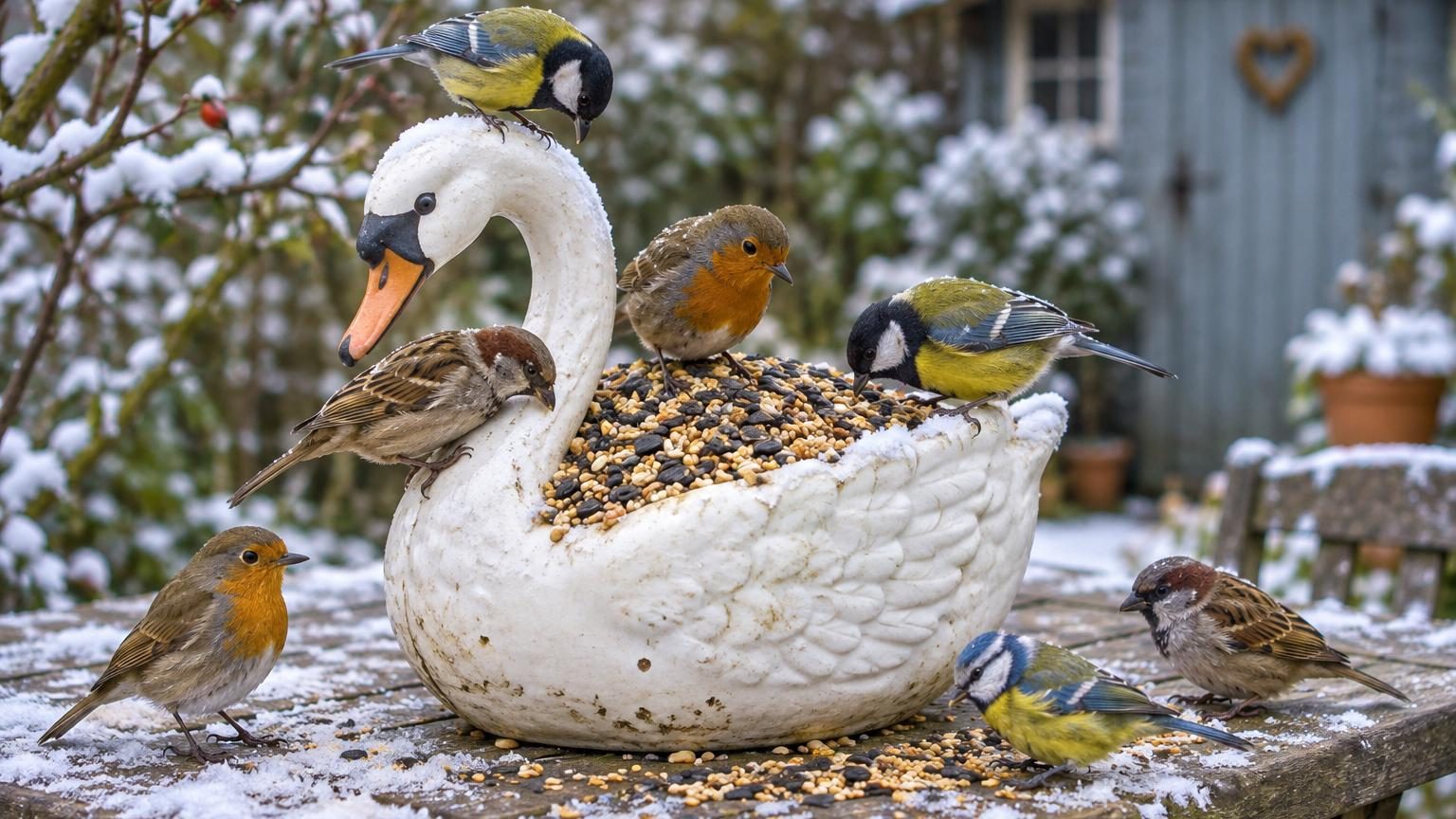 Ce vase cygne kitsch à 3 euros en brocante : ce qu'il devient en hiver ravit les oiseaux du jardin