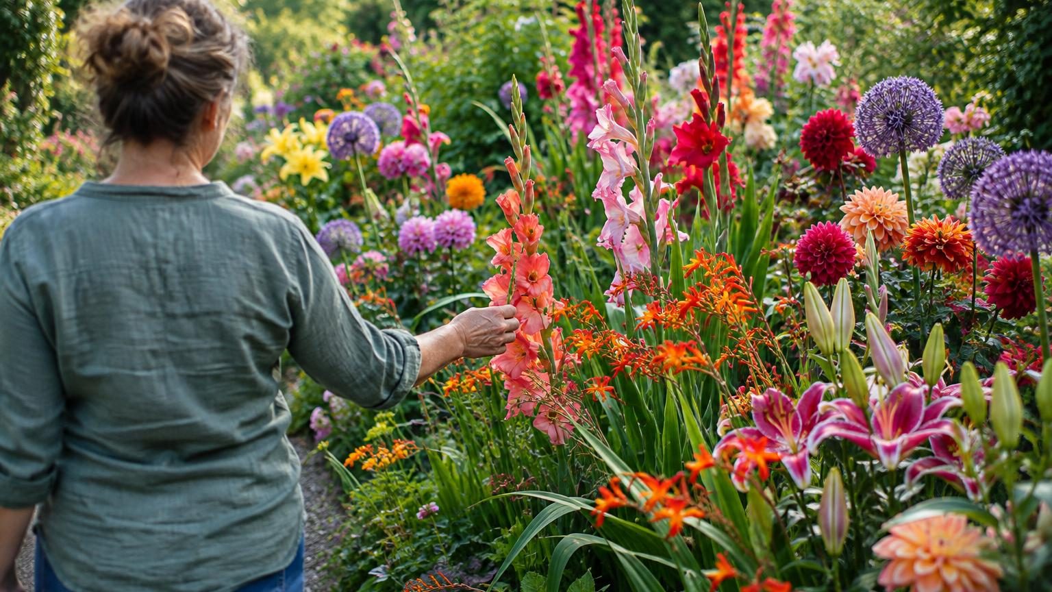 Un jardin estival dense et coloré avec des massifs de fleurs variées : grands épis colorés de cannas, pompons de dahlias, tiges graphiques de glaïeuls et feuillages spectaculaires de caladiums plantés trois mois auparavant.