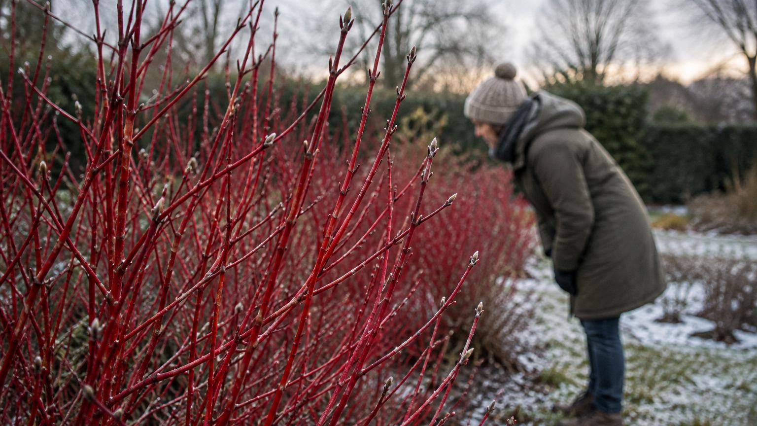 Touffe dense de cornouiller aux branches rouge vif illuminant un jardin d'hiver gris et terne, un contraste visuel saisissant.