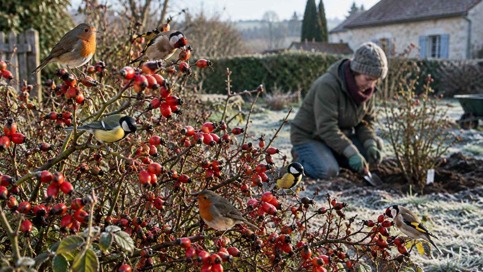 Rosiers sauvages couverts de cynorhodons rouges orangés sur leurs branches, avec des oiseaux se posant dessus en hiver