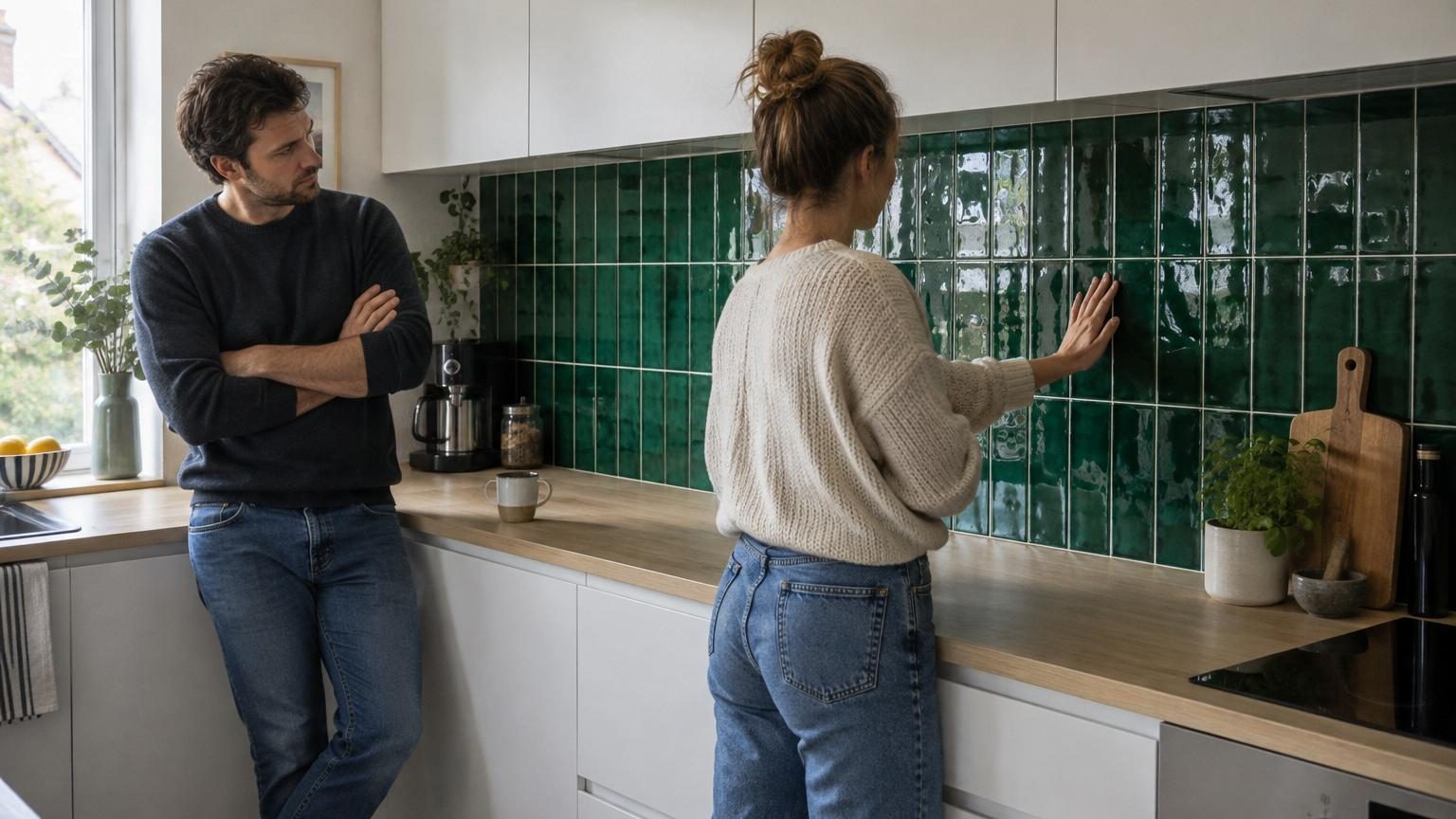Crédence de cuisine en verre fumé gris anthracite au-dessus d'un plan de travail en bois clair, avec spots d'éclairage créant des reflets subtils sur la surface teintée.