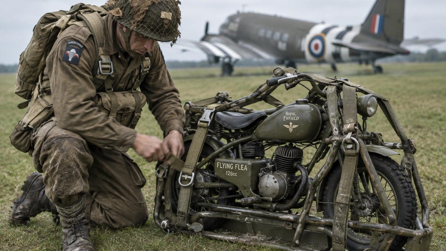 Cette petite moto de 45 kg était larguée en parachute avec les soldats : son surnom, la « Puce volante »