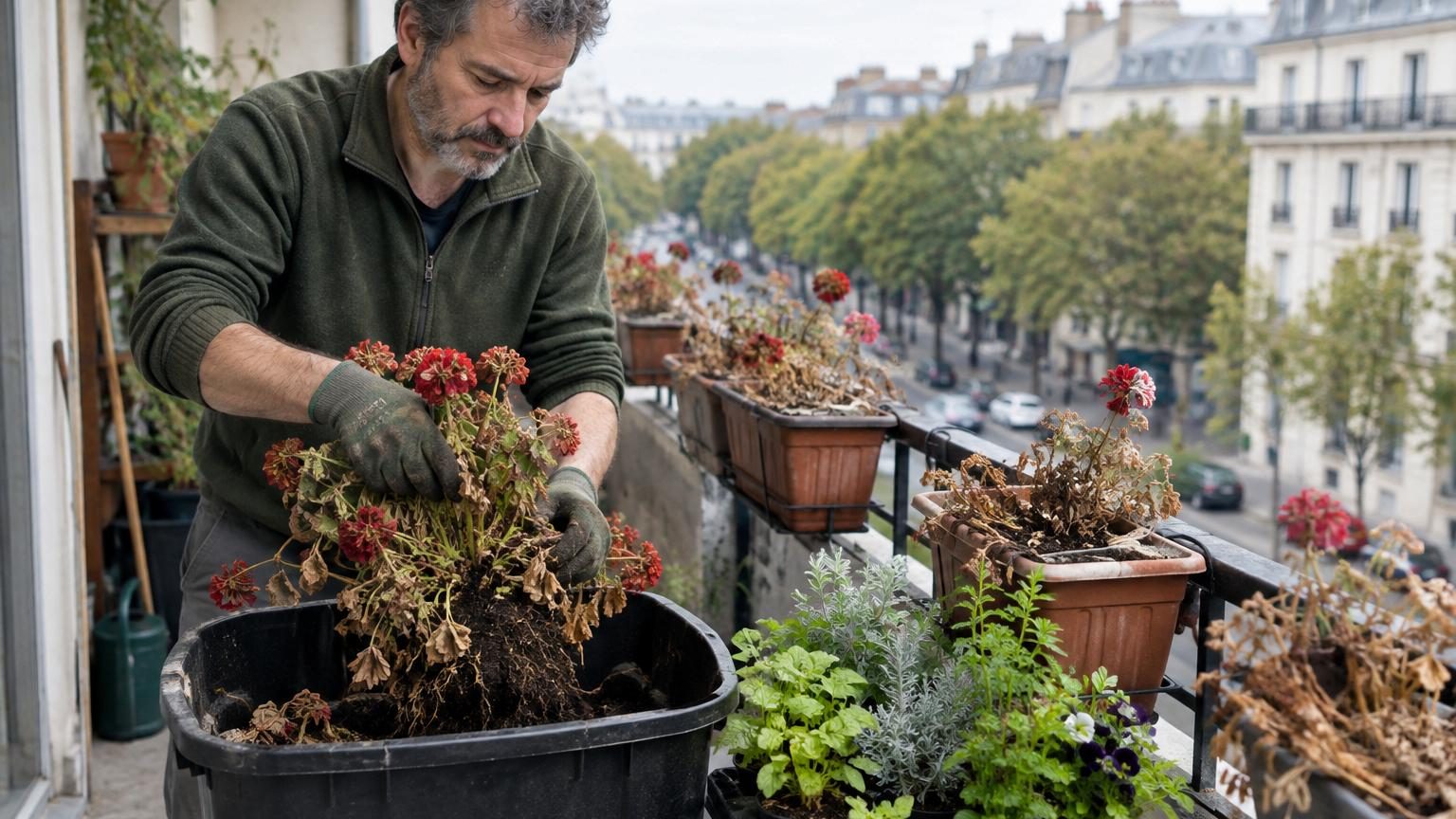 Balcon urbain avec jardinières fleuries de géraniums rouges en fleur contre une façade d'immeuble haussmannien.
