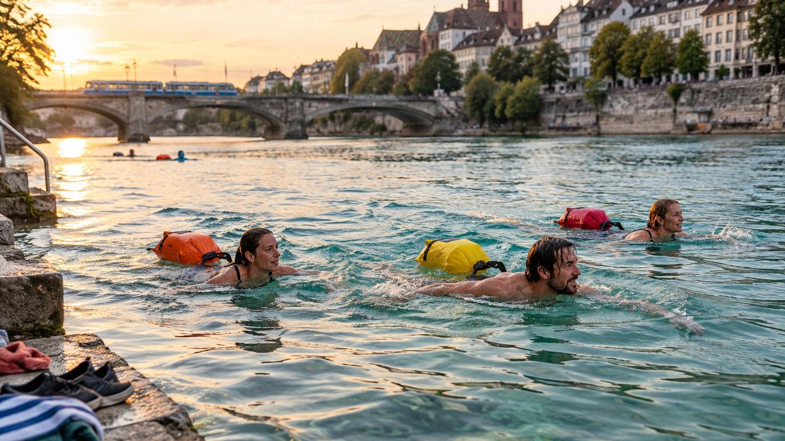 Habitants de Berne se baignant dans les eaux cristallines et turquoise de l'Aar en plein centre-ville, avec des bâtiments historiques en arrière-plan.