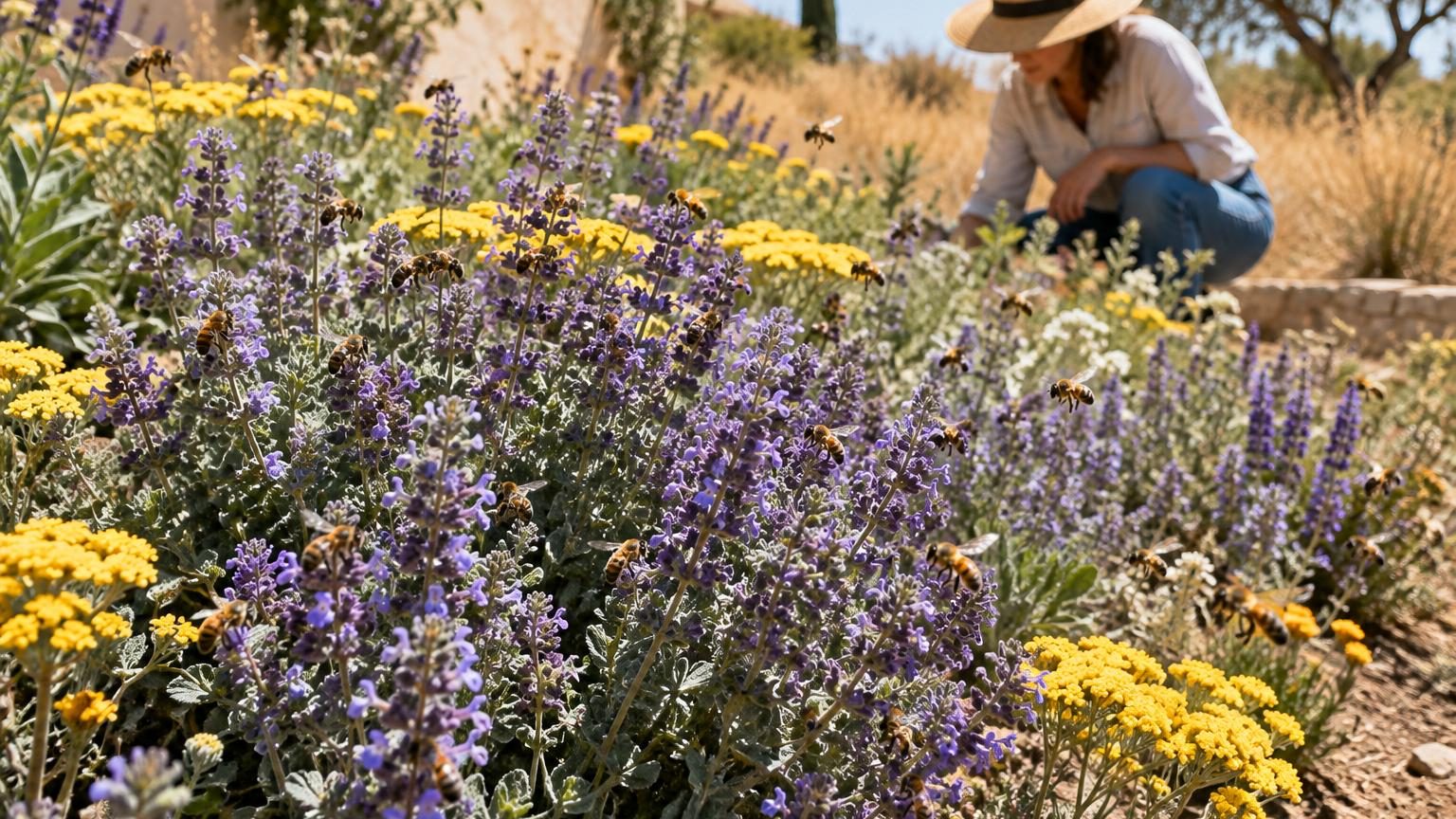 Épis de sauge ornementale violets ou bleus avec des fleurs tubulaires denses attirant des abeilles dans un jardin ensoleillé et sec.
