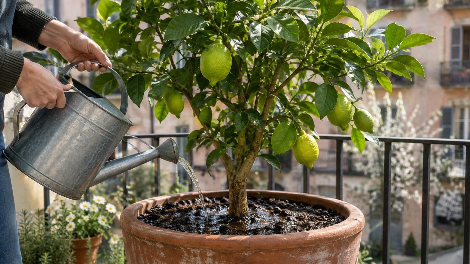 Citronnier en pot placé sur un support surélevé, arrosoir rempli d'eau tiède à proximité, arrière-plan avec température printanière mais nuit fraîche symbolisée.