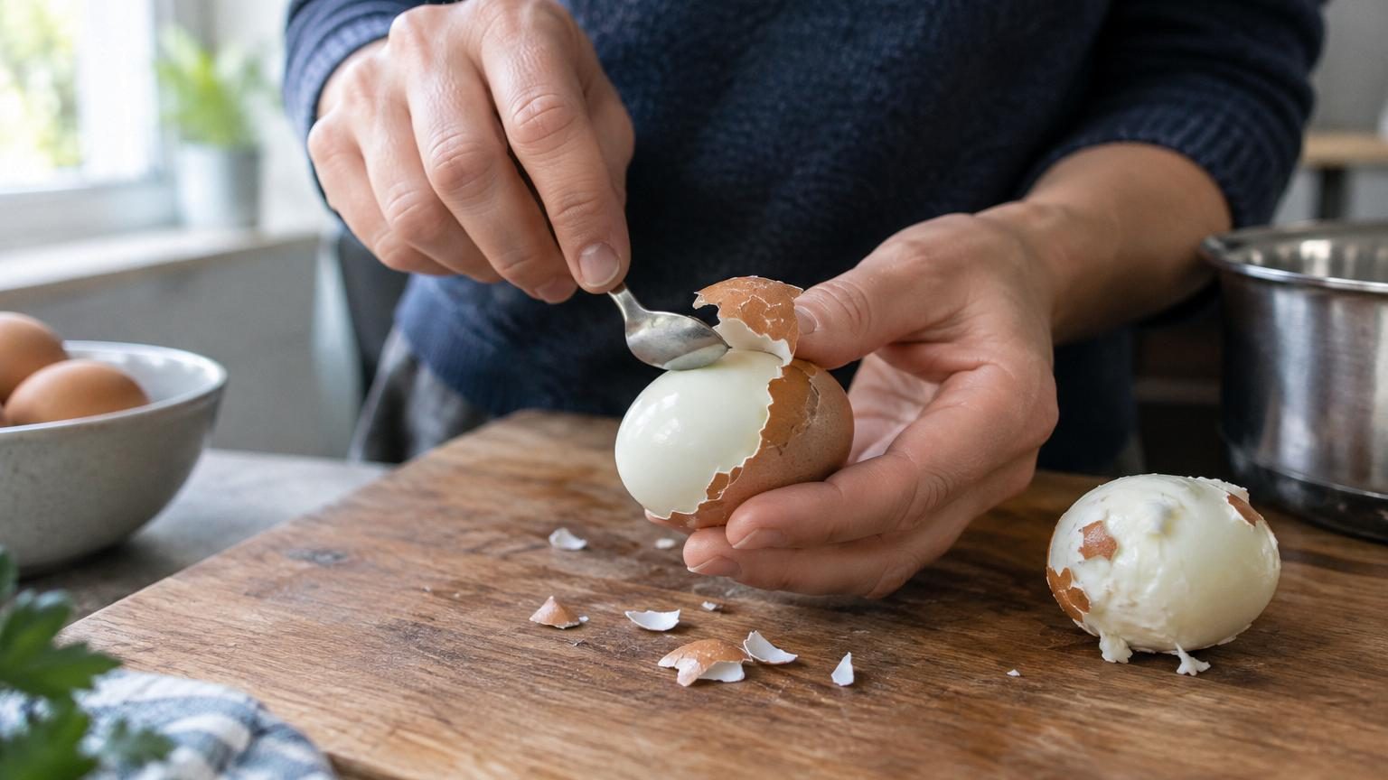 Un chef fait écaler un œuf dur cuit avec une cuillère au fond de la casserole, montrant la coquille se détachant en larges morceaux lisses sans abîmer le blanc.