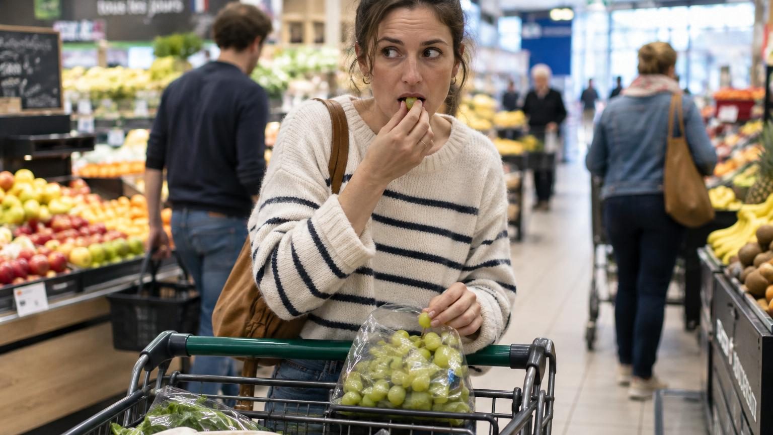 Client à la main au rayon fruits et légumes d'un supermarché, hésitant devant une grappe de raisins, avec un agent de sécurité visible en arrière-plan