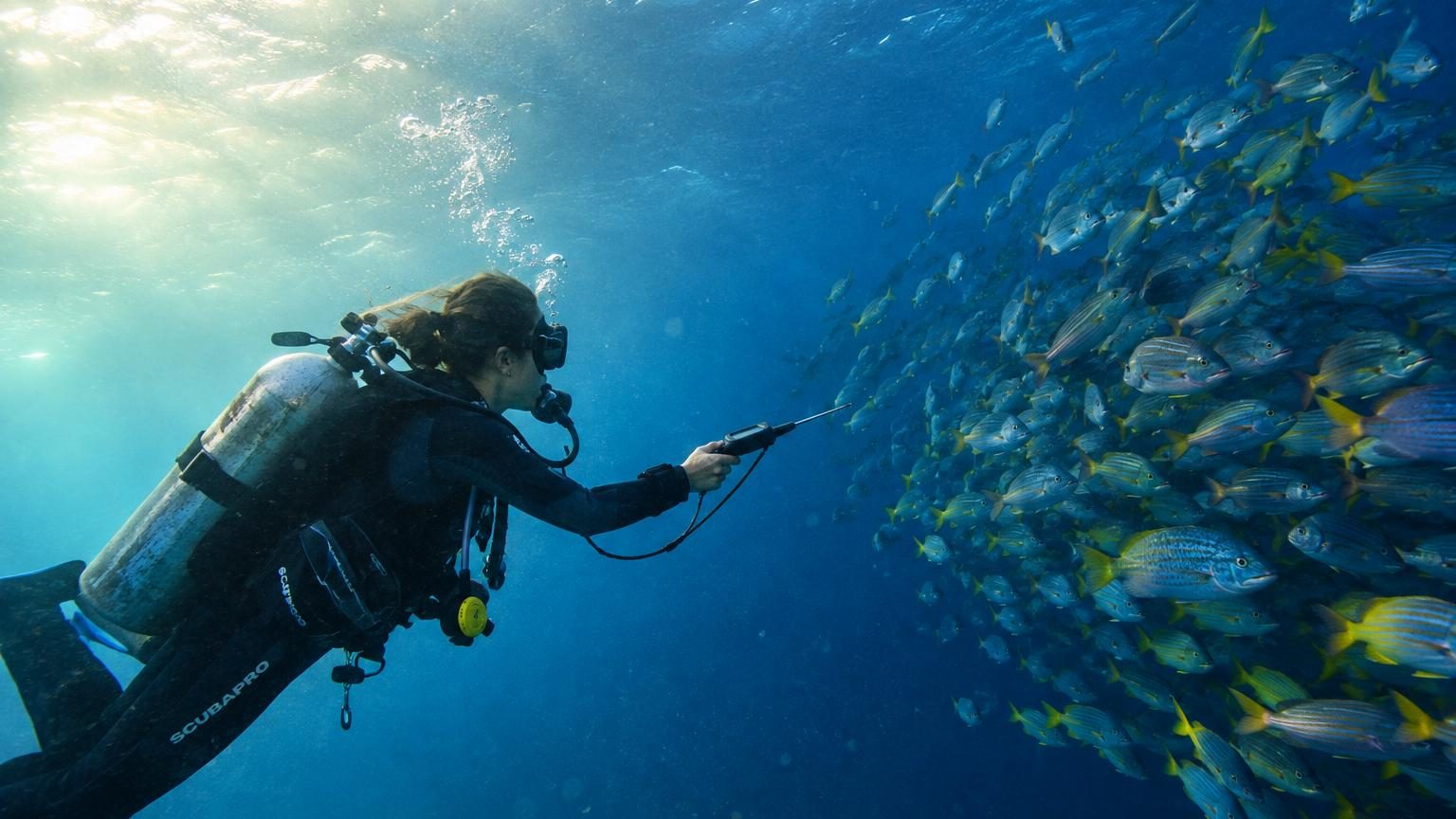 Thermomètre submergé dans l'océan Pacifique affichant une température élevée, avec en arrière-plan des espèces marines comme des poissons volants et des dauphins nageant vers le nord, illustrant les migrations forcées par le réchauffement des eaux.