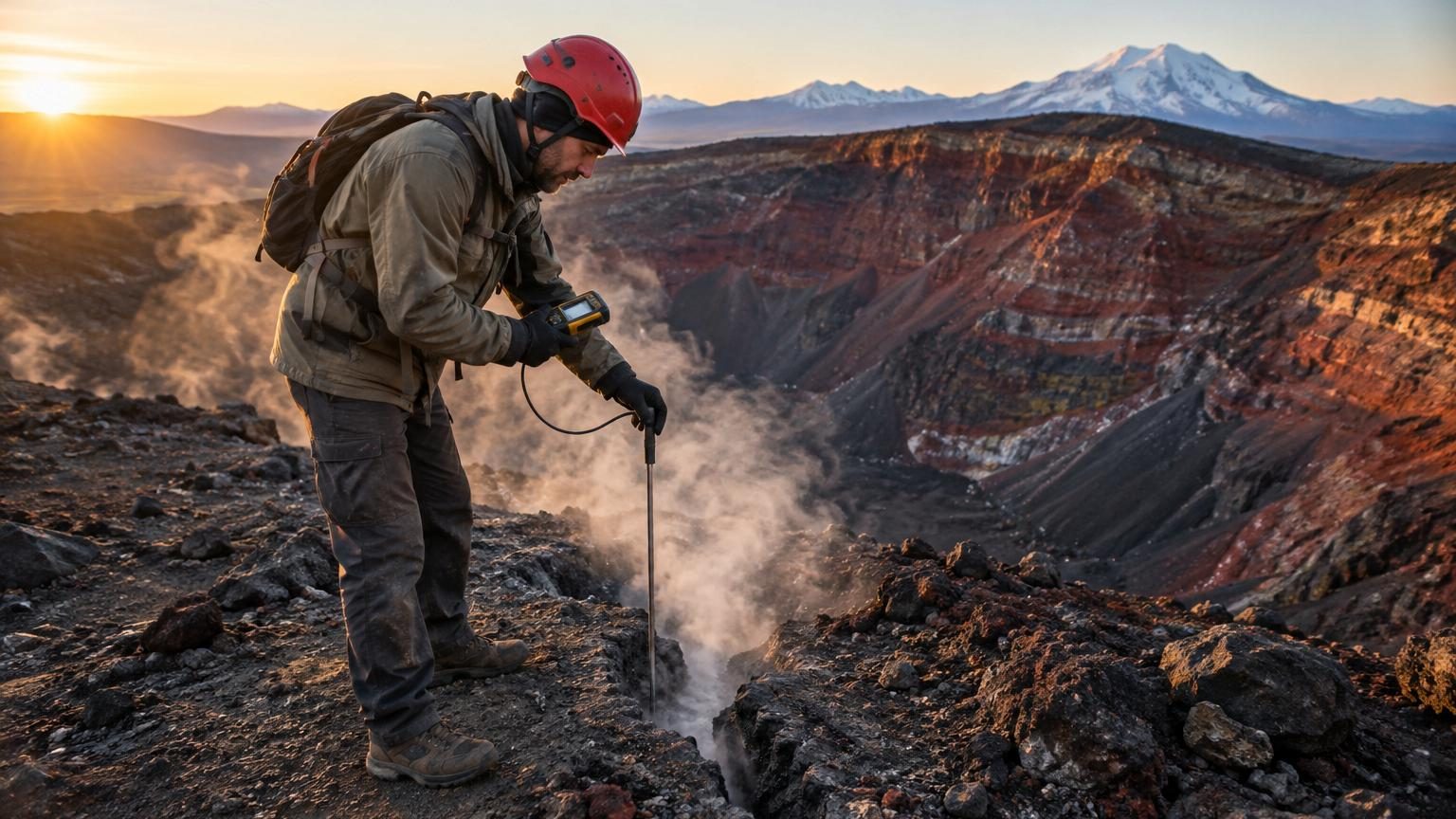 Un volcan aux flancs rocheux gris-brun s'élève sous un ciel clair, avec quelques fumerolles s'échappant de sa surface, symbole du changement silencieux qui s'opère sous ses apparences dormantes.