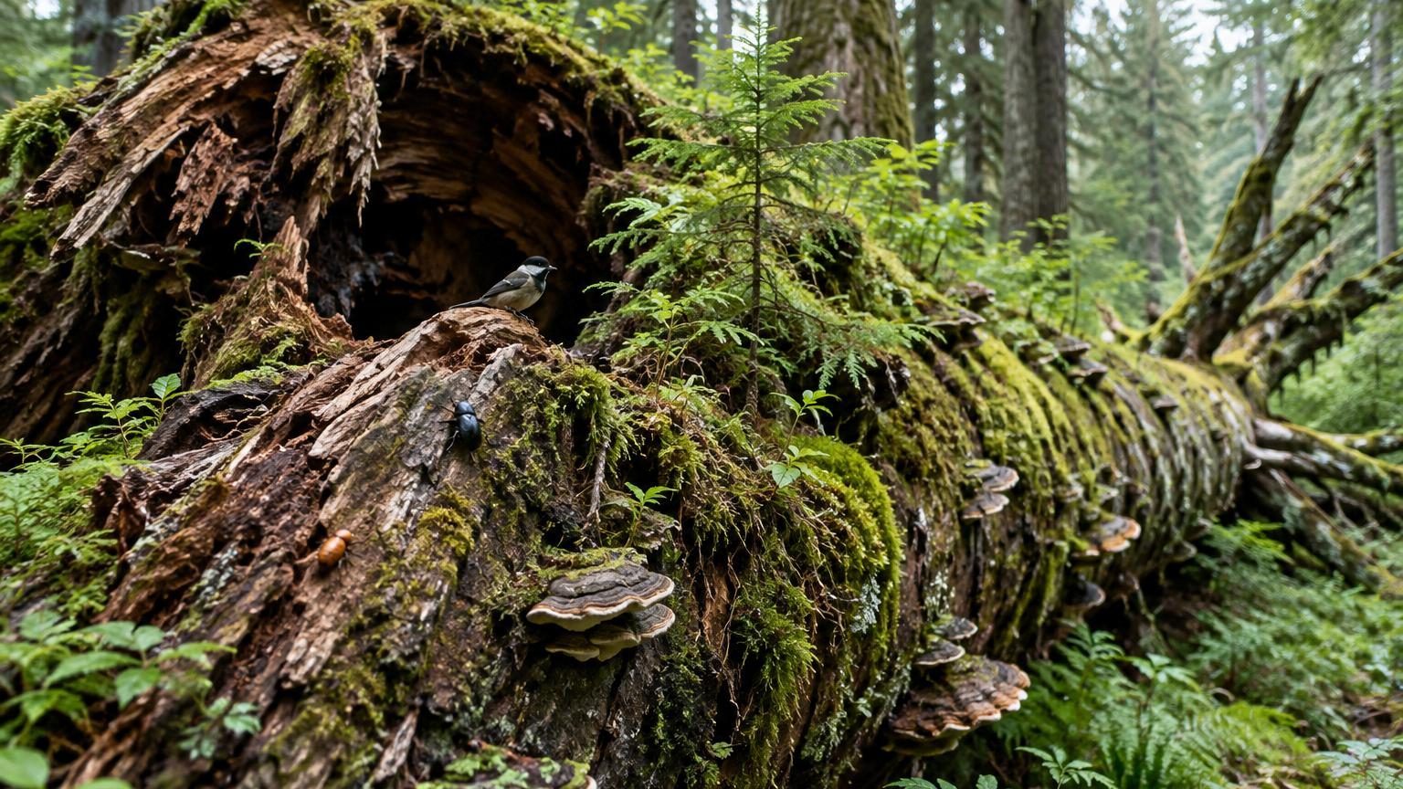 Gros tronc en décomposition couché au sol dans une forêt, recouvert de mousses orange, de champignons et parcouru par des insectes