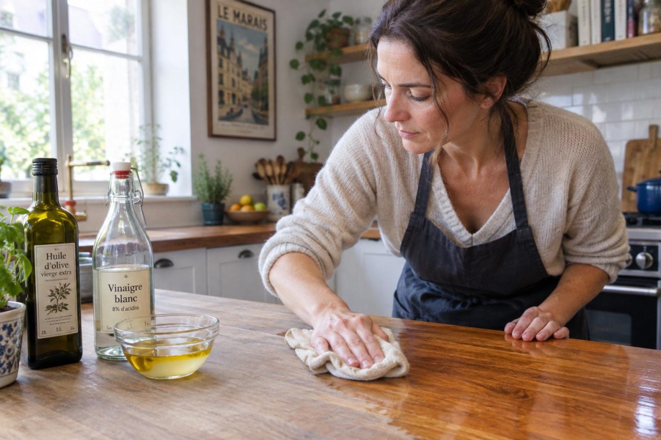 De l'huile d'olive et 6 cuillères de vinaigre blanc : l'astuce qui ravive le bois terni de votre cuisine