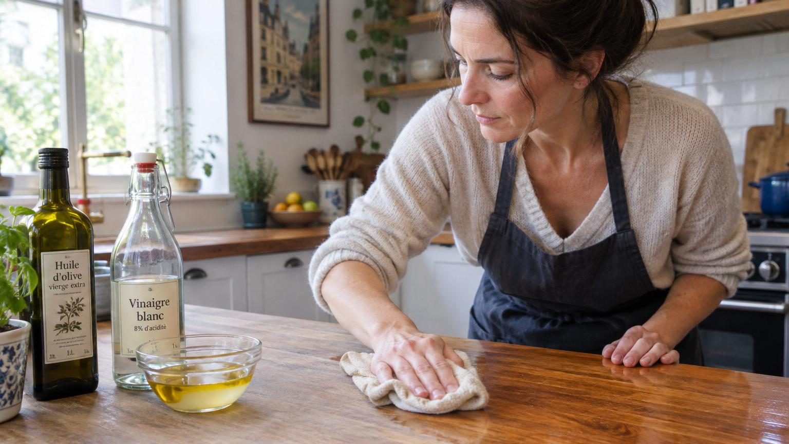De l'huile d'olive et 6 cuillères de vinaigre blanc : l'astuce qui ravive le bois terni de votre cuisine
